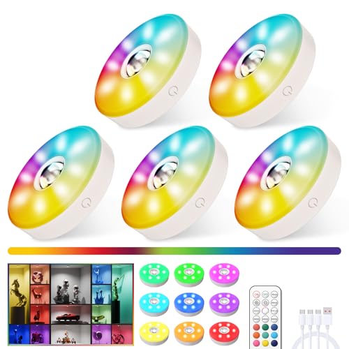 MEKKLEON RGB Schrankleuchten mit Fernbedienung, 15 Farben LED Schrankbeleuchtung, Magnetisch Dimmbar Led Unterbauleuchte, Kabellos Vitrinenbeleuchtung mit Timing Funktion(Weiß,5 PACK) von MEKKLEON
