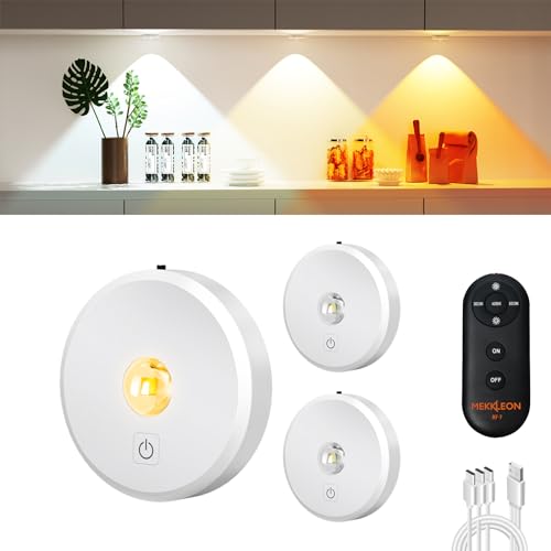 MEKKLEON vitrinenbeleuchtung led kabellos mit Fernbedienung, 2000 mAh Aufladbar LED Spots Akku, 3 Farbtemperaturen dimmbar, Unterschrankleuchte, Schrankleuchte, küchenunterschrank (Weiß, 3 Pcs) von MEKKLEON