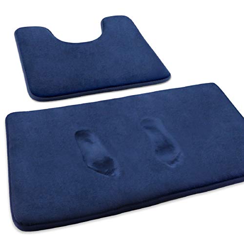 MEKO Memory Foam Badematte, 2 Set Anti Rutsch Badezimmerteppich und saugfähiger U-förmiger Konturteppich Fußmatte für Badezimmer Dusch, maschinenwaschbar und super weich (Dunkelblau) von MEKO