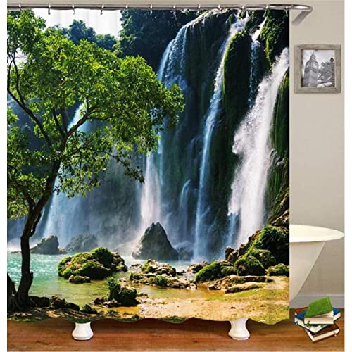 MEKPAM 3D Bild Duschvorhang Naturszene Garten Wasserfall Fließt Von Klippe In See Mit Felsen Stein Bäume Bild Badezimmer Personalisierter Dekostoff Mit Haken Grün Weiß Türkis 180x180cm von MEKPAM