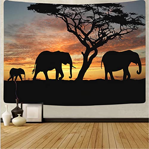 MEKPAM Afrikanische Wiese Wandteppich Ästhetisch Dämmerung Elefant Tierlandschaft Wandbehang Hintergrund Wanddecke Dekor Druck Bauernhaus 200x150cm von MEKPAM