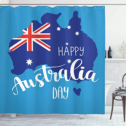 MEKPAM Australian Party Duschvorhang Schriftzug Australien Tag Worte Mit Flaggenkarte In Blautönen Stoff Badezimmerdekor Set Mit Haken 180x180cm von MEKPAM