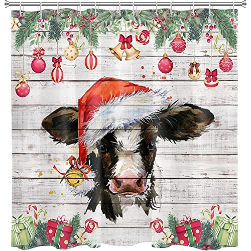 MEKPAM Bauernhaus Weihnachtsduschvorhang Kuh Mit Weihnachtsmütze Und Weihnachtskugeln Badvorhang Rustikales Bauernhaus Badvorhang Set Mit Duschvorhanghaken 180X180cm MEKPAM Bauernhaus Weihnachtsduschvorhang Kuh Mit Weihnachtsmütze Und Weihnachtskugeln Badvorhang Rustikales Bauernhaus Badvorhang Set Mit Duschvorhanghaken 180X180cm von MEKPAM