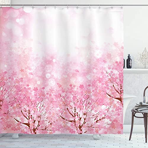 MEKPAM Blassrosa Duschvorhang Japanische Kirschblüte Sakura Baum Mit Romantischem Einfluss Naturthema Stoff Badezimmer Dekor Set Mit Haken 180x180cm von MEKPAM