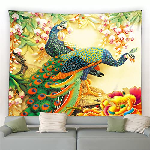 MEKPAM Blaue Pfauen Wandteppich Pfingstrose Blumen Schmetterling Vögel Grüner Bambus Pflanze Chinesischer Stil Wandbehang Stoff Zuhause Wohnzimmer Dekor 150x130cm von MEKPAM