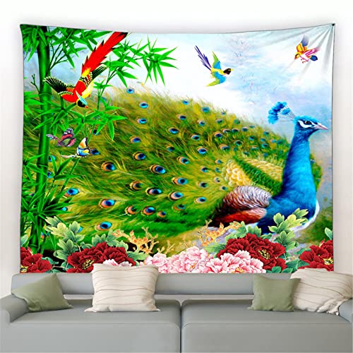 MEKPAM Blaue Pfauen Wandteppich Pfingstrose Blumen Schmetterling Vögel Grüner Bambus Pflanze Chinesischer Stil Wandbehang Stoff Zuhause Wohnzimmer Dekor 150x130cm von MEKPAM