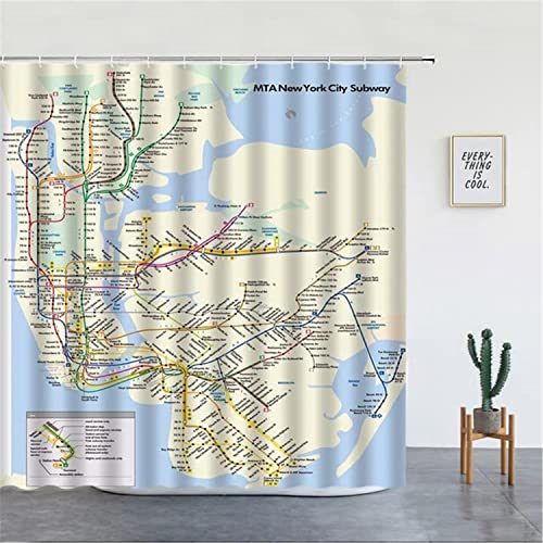 MEKPAM Duschvorhang Für Badezimmer New York City Subway Map Duschvorhänge Usa Straßenschilder Blauer Aufdruck Modernes Polyestergewebe Wohnkultur Badezimmervorhang Mit Haken 180X180cm von MEKPAM