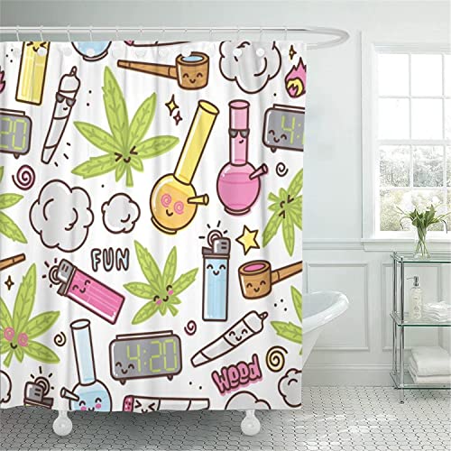 MEKPAM Duschvorhang Green Weed Kawaii Cartoon White Pattern Cannabis Smoke Wasserdichtes Polyestergewebeset Mit Haken 180X180cm von MEKPAM