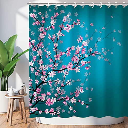 MEKPAM Duschvorhang Mit Kirschblüte Blumen Petrol Stoff Sakura Pflaumenblüte Badvorhänge Mit 12 Haken Badezimmerdekor Türkis 180X180cm von MEKPAM