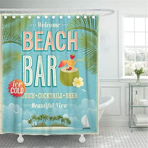 MEKPAM Duschvorhang Sommer Vintage Strandbar Hawaii Tiki Insel Urlaub Cocktail Wasserdichtes Tuch Stoff Badezimmer Dekor Set Mit Haken 180x180cm von MEKPAM