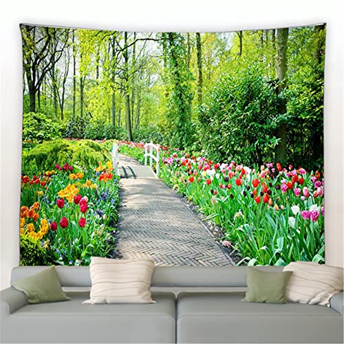 MEKPAM Frühling Park Landschaft Wandteppich Ländliche Natur Blume Pflanze Grün Wald Bäume Garten Wandbehang Stoff Wohnzimmer Schlafzimmer Dekor 150x100cm von MEKPAM