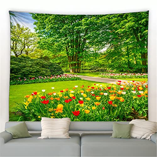 MEKPAM Frühling Park Landschaft Wandteppich Ländliche Natur Blume Pflanze Grün Wald Bäume Garten Wandbehang Stoff Wohnzimmer Schlafzimmer Dekor 150x130cm von MEKPAM