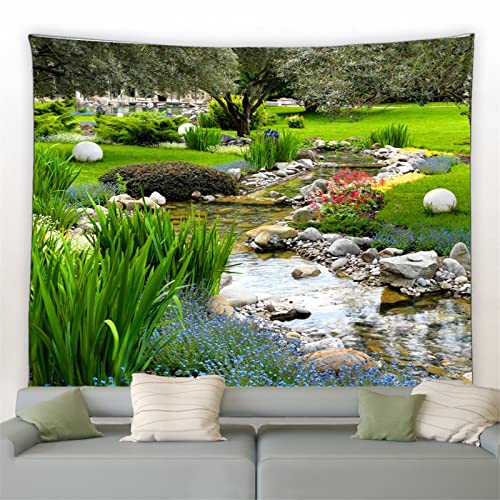 MEKPAM Frühling Park Landschaft Wandteppich Ländliche Natur Blume Pflanze Grün Wald Bäume Garten Wandbehang Stoff Wohnzimmer Schlafzimmer Dekor 150x130cm von MEKPAM