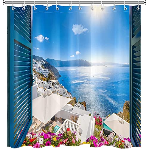 MEKPAM Griechenland Insel Duschvorhang Blau Ägäis Naturansicht Duschvorhänge Haken Europäisch Ozean Und Sonnenschein Fenster Natur Landschaft Badvorhang Sets 180X180cm von MEKPAM