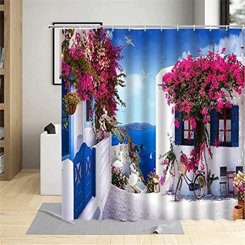MEKPAM Griechische Stadt Straße Landschaft Duschvorhang Blume Fenster Blau Holztür Floral Pflanze Landschaft Badvorhänge Set Polyester 180X180cm von MEKPAM