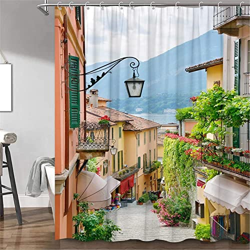 MEKPAM Italienische Stadt Duschvorhang Blühende Alte Historische Dorf Gebäude Grüne Wälder Berge Toskana Naturlandschaft Badewanne Dekor 180X180cm von MEKPAM