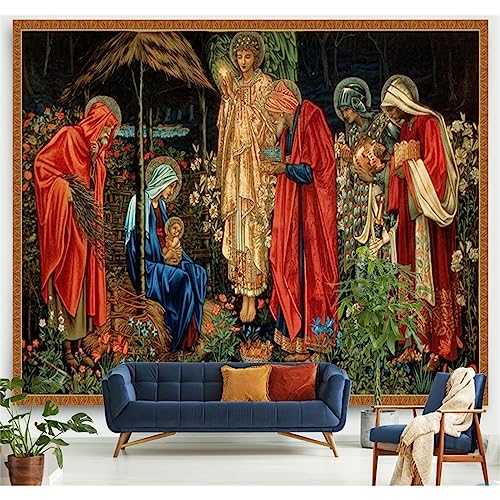 MEKPAM Krippenteppich Jesus Geburt Krippe Scheune Wandbehang Engel Ostern Weihnachten Wanddeko Christus Wandteppiche Raumdeko 200x150cm von MEKPAM