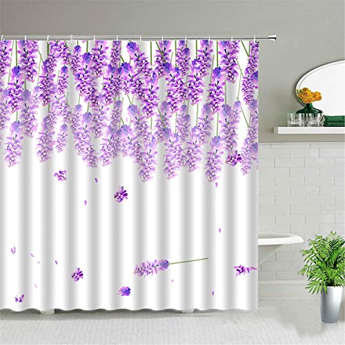 MEKPAM Lavendel Blume Duschvorhang Blumenpflanze Rosengrün Blattdruck Badezimmerdekor wasserdichte Polyester Badevorhänge Mit Haken 180x180cm von MEKPAM