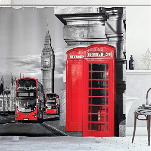 MEKPAM London Duschvorhang London Retro Telefonzelle Stoff Bad Dekor Set Mit Haken Duschvorhänge 180x180cm von MEKPAM