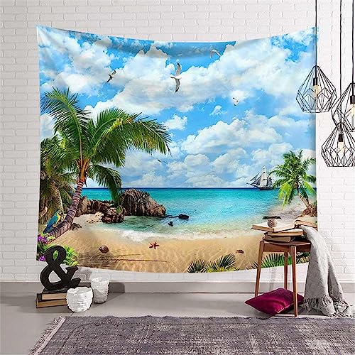 MEKPAM Meer Ozean Strand Polyester Wandteppich Im Hawaiianischen Stil Blauer Himmel Wandbehang Wandteppiche Strand Landschaft Tagesdecke Wohnkultur Yogamatte 150x100cm von MEKPAM