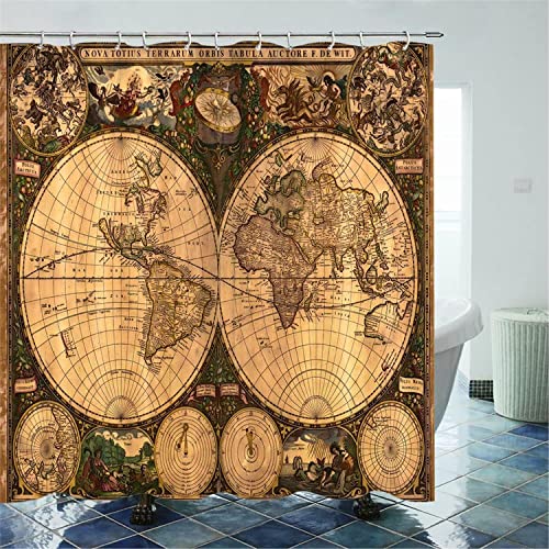 MEKPAM Mittelalterliche Karte Duschvorhang Karte Retro Globus Badezimmer Duschvorhang Weltkarte Duschvorhang Set Mit Haken 180X180cm von MEKPAM