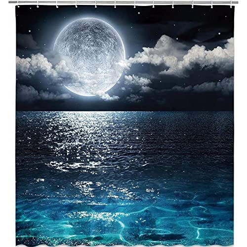 MEKPAM Mond Duschvorhang Vollmond Über Meer Ozean Wolken Planet Sterne Himmel Verträumt Nachtszene Schwarz Rot Badvorhänge Dekor Polyester Wasserdicht Inklusive Haken 180X180cm von MEKPAM