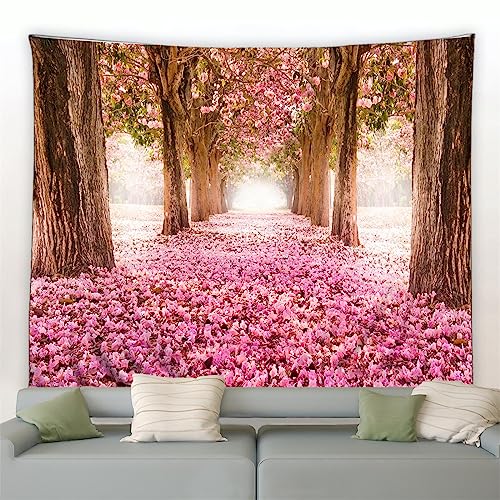 MEKPAM Rosa Blumenlandschaft Wandteppich Japanische Kirschblüten Bäume Naturlandschaft Wandbehang Schlafzimmer Wohnkultur Decke 230x180cm von MEKPAM