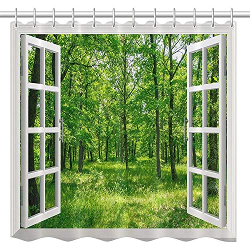 MEKPAM Szenischer Duschvorhang Offene Fenster Im Frühling Grüner Wald Natur Garten Badezimmerdekor Blickdichter Duschvorhang Strapazierfähiger Wasserdichter Polyesterstoff Waschbare Haken 180X180cm von MEKPAM