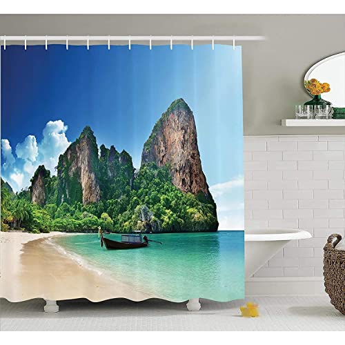 MEKPAM Tropical Decor Duschvorhang Railay Beach In Krabi Thailand Kleines Boot Kristallwasser Felsen Klippe Tropenlandschaft Badezimmer Bule Green 180X180cm von MEKPAM