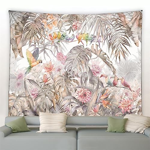 MEKPAM Tropische Pflanzen Wandteppich Bunter Papagei Monstera Bananenblätter Aquarell Wandbehang Natürliche Landschaft Wohnzimmer Wandteppiche 200x150cm von MEKPAM