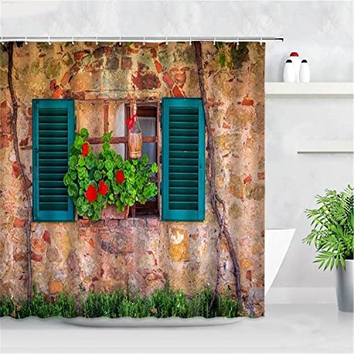 MEKPAM Vintage Fenster Blumen Duschvorhang Scheune Holz Haustür Retro Stil Wohnkultur Badezimmer Polyester Badevorhang Mit Haken Badezimmer Dekovorhang 180X180cm von MEKPAM