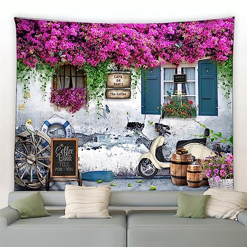 MEKPAM Vintage Steinwand Blumen Wandteppich Rosa Rose Retro Fahrrad Europäische Straße Landschaft Wohnkultur Wandbild Hängendes Tuch 200x150cm von MEKPAM