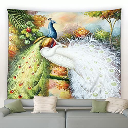 MEKPAM Wandteppichblaue Pfauen Tapisserie Pfingstrose Blumen Schmetterling Vögel Grüner Bambus Pflanze Chinesischer Stil Wandbehang Stoff Zuhause Wohnzimmer Dekor 150x100cm von MEKPAM