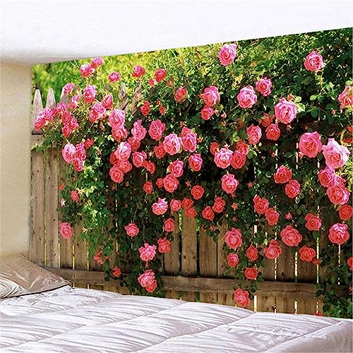 MEKPAM Wandteppichfrühlingsblumen Holzzaun Tapisserie Natur Rosa Rose Pflanzen Blumen Wandbehang Gartenfenster Naturlandschaft Stoff Wohnkultur 230x180cm von MEKPAM