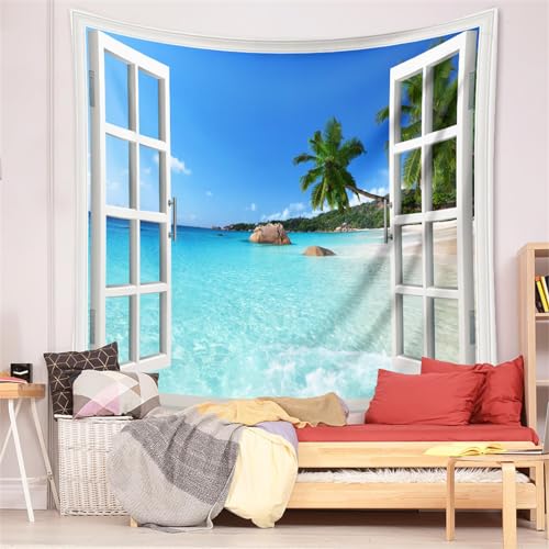 Natur Meer Landschaft Fensterteppich Wandbehang Palme Landschaft Teppich Kunst Wohnheim Wohnkultur Wandteppiche 150x130cm von MEKPAM