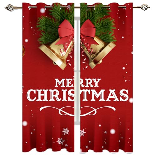 Goldene Glockenweiße Schneeflocken Vorhänge, Retro rotes Weihnachten 3D Gardinen Wohnzimmer Drucken Verdunkelungsvorhänge, Vorhang Blickdicht mit Ösen Gardine Schlafzimmer Deko 2 x 58.5B x 137H cm von MELABE