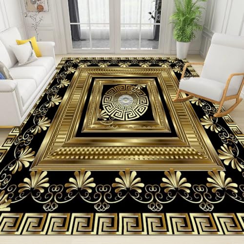 MELABE Griechische Geometrie Großflächiger Weicher Teppich, Schwarzes Gold Hotelteppich, Schmutzabweisender Schutzboden für Wohnzimmer Schlafzimmer 60 x 120cm von MELABE