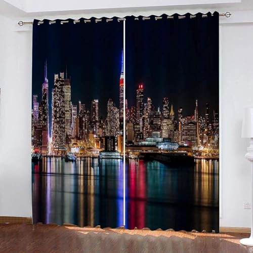 MELABE New Yorker Nachtszene Verdunkelungsvorhänge mit Ösen, Neonlichter Druckmuster, wärmeisolierte Fenstervorhänge für Kinderzimmer, Wohnzimmer 2 x 100B x 160H cm von MELABE