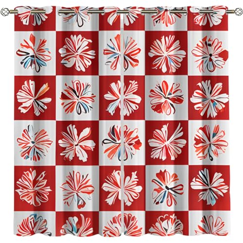 MELABE Rot-weiß kariert Gardinen Verdunklungsvorhänge Blickdicht, Einfache Blumen Wärmeisolierende Vorhänge mit Ösen, Thermovorhang für alle Fenster 2 x 58.5B x 137H cm von MELABE