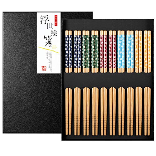 10 Paar Essstäbchen Japanisch Bambus Chopsticks Wiederverwendbar Waschbar Eßstäbchen Set mit Schwarzer Geschenkbox für Asiatisches Geschirr, Kirschblüte von MELLIEX