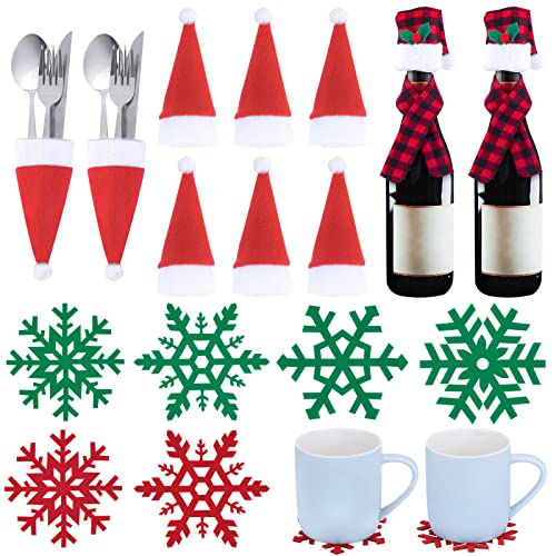MELLIEX 20 Stück Tischdekoration Weihnachten, Bestecktasche Weihnachtsmütze Schneeflocke Untersetzer Weinflaschen Deko Weihnachten für Weihnachtsfeier Tischdeko von MELLIEX