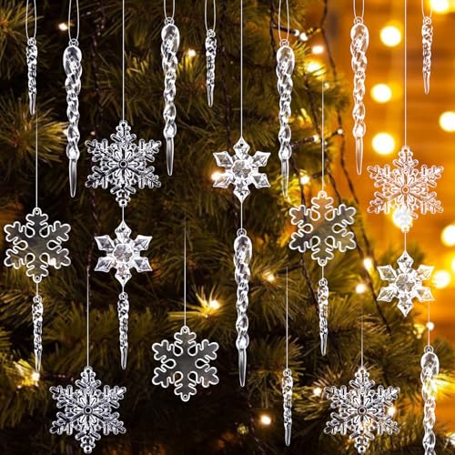 MELLIEX 32 Stück Eiszapfen Schneeflocken Weihnachtsdeko Transparentes Acryl Christbaumschmuck Weihnachtsanhänger DIY Winter Dekoration von MELLIEX