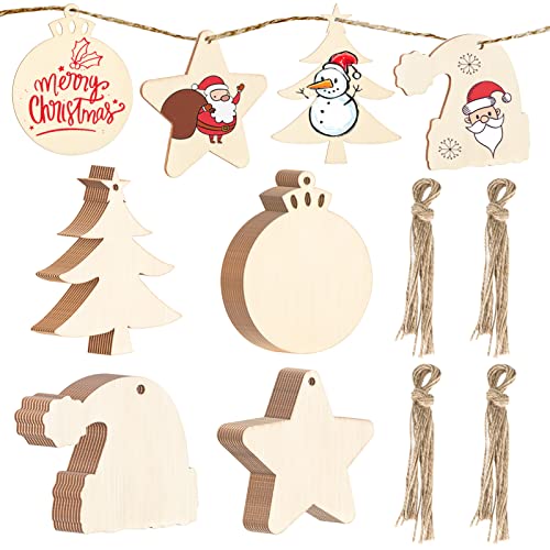 MELLIEX 40 Stück Holz Deko zum Aufhängen, 4 Arten DIY Basteln Holzanhänger Dekohänger zum Bemalen mit 40 Stück Fäden für Weihnachtsschmuck Weihnachtsanhänger Baum Geschenkanhänger von MELLIEX