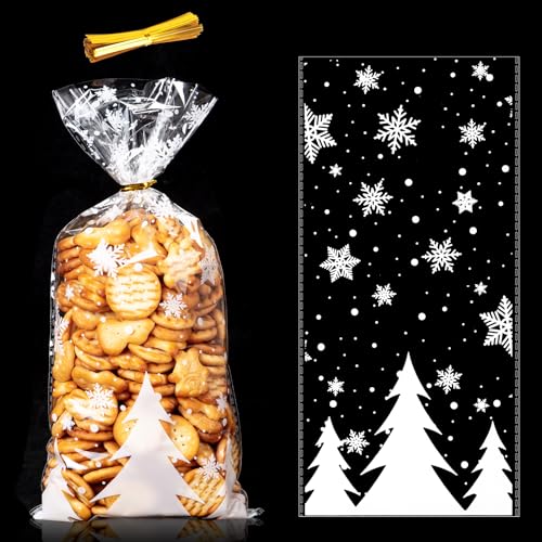 MELLIEX 50 Stück Schneeflocke Weihnachten Plätzchentüten, Transparent Cellophantüten Weihnachten Süßigkeiten Tüten, Candy Bar Tüten mit Twist Krawatten von MELLIEX