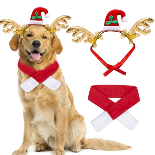 MELLIEX 2 Stück Hunde Weihnachtskostüm, Weihnachten Rentier Stirnband und Schal Set Weihnachtsoutfit für Kleine Hund Katze Haustier von MELLIEX