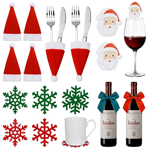 MELLIEX 24 Stück Weihnachts Tischdeko Sets, Mini Weihnachtsmütze Bestecktasche Schneeflocke Untersetzer für Weihnachtsfeier Tischdekoration von MELLIEX