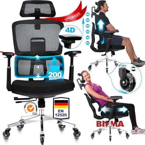 MELOKEA Bürostuhl 200KG, Leises Gummirollen, 4D-Armlehnen, 6P Verstellbare Rückenlehne, Sitztiefe Verstellbar, Elastisches Kissen, Bürostuhl Ergonomisch Testsieger, Schreibtischstuhl Große Menschen von MELOKEA