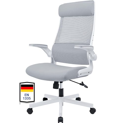 MELOKEA Bürostuhl Ergonomisch, Schreibtischstuhl aus Mesh, Desk Chair mit Hochklappbaren Armlehnen, Verstellbare Kopfstütze und Lendenwirbelstütze, Chefsessel hat Wippfunktion, Computer Drehstuhl-Grau von MELOKEA