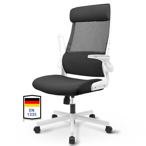 MELOKEA Bürostuhl Ergonomisch, Schreibtischstuhl aus Mesh mit Klappbare Armlehnen, Computerstuhl mit Verstellbare Kopfstütze, Lendenwirbelstütze, Chefsessel Wippfunktion, Entspricht EN 1335 - Schwarz von MELOKEA