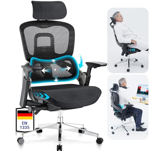 MELOKEA ReliefBack Master, Ergonomischer Bürostuhl gegen Rücken- und Nackenschmerzen, Schreibtischstuhl mit Dynamischer Lordosenstütze, 4D-Armlehnen, 3D-Kopfstütze, Verstellbarer Sitztiefe - Schwarz von MELOKEA